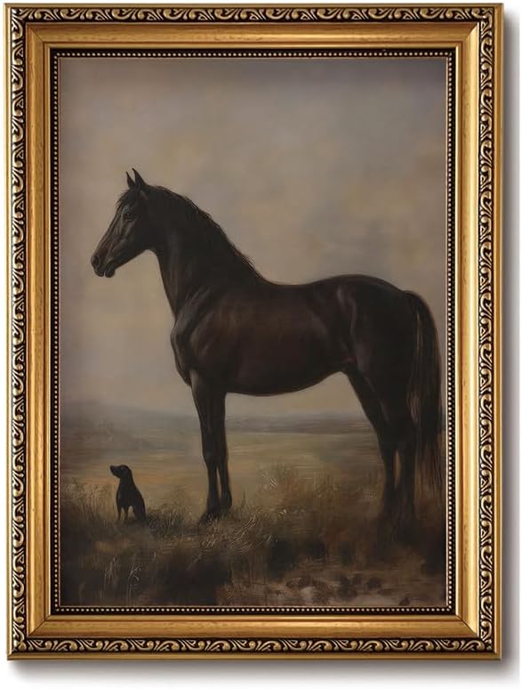 Vintage Equestrian Gold Framed Wall Art Black Horse Gundog Wall Decor Art | Antique Victorian Animal Picture Canvas Art Western Country Paintings Small Framed Prints Artwork for Bookshelf Gallery Wall