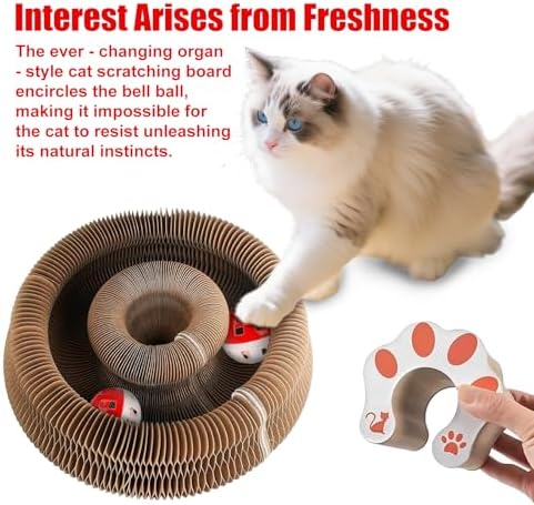 2pcs Cat Pad Scratcher Toys, Magic Organ Cat Toy & Kitty Curls Cat Toy, Interactive Cardboard Cat Scratching Board with Bell Balls, Corrugated Scratcher for Indoor Cats, Light Brown