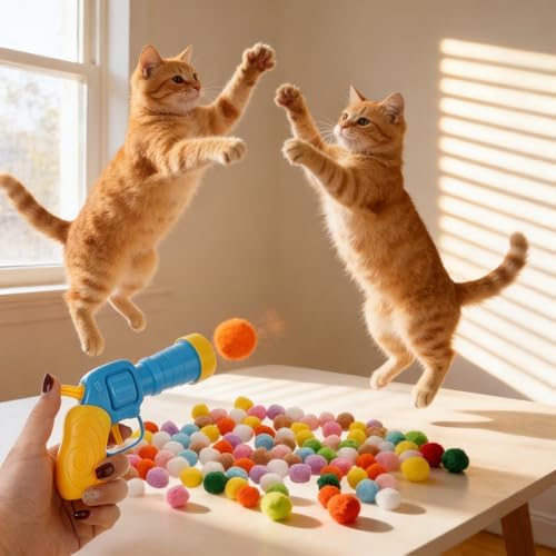 2Pcs Cat Ball Launchers with 100Pcs Pom Pom Balls Cat Interactive Soft Ball Toy Interactive Pet Toys Launcher for Cats Indoor Play