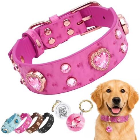 Rhinestone Dog Collar with QR ID Tag, Ostrich-Embossed, Pink, L | Crystal Dog Collar with Ostrich-Embossed Texture, Adjustable Waterproof Fit and QR Scan Pet ID for Stylish Daily Wear