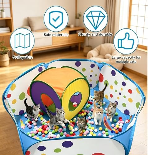 Ball Pit and Tunnel Tent for Cats, with 200 Pom‑pom Balls, 1 Ball Launcher, 8 Bell Balls, 4 Colorful Mice and 1 Saury Fish, Foldable Indoor & Outdoor Cat Activity Center for Interactive Play
