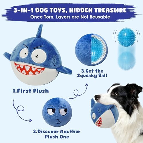 XIAPIA 3-in-1 Plush Shark Squeaky Dog Toys for Aggressive Chewers