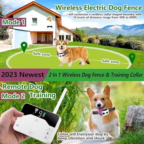 Smart 2-in-1 Electronic Wireless Fence Dog Trainer, Rechargeable and Waterproof, Signal Range Radius Up to 990 Feet. Suitable for All Dogs