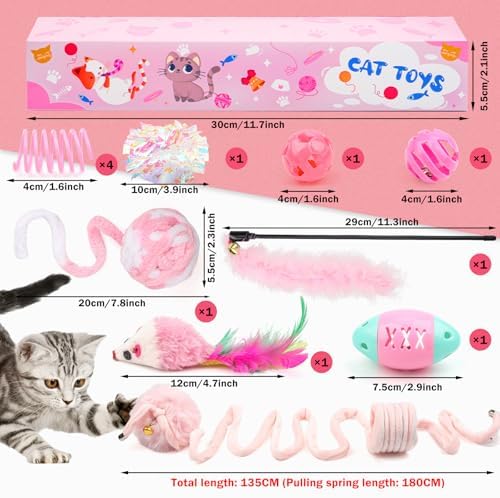 QUOZUO Pink Cat Toy Kitten Toys Set, Hanging Interactive Kitten Toys Wand Springs Mice Crinkle Balls and Pet Bell Balls Toys for Indoor Cats, 12Pcs Gift Box Styles (Pink)