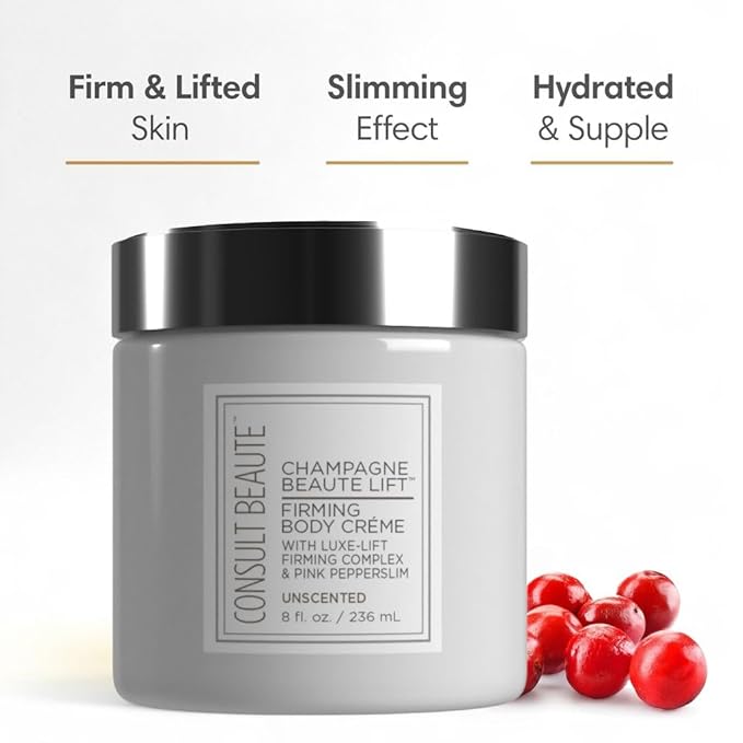 Consult Beaute Unscented Champagne Lift Hydrating Firming Body Cream with Pink Pepperslim, Moisturizer, Tightens Crepey Skin, Tones & Hydrates Dry Skin on Arms & Legs - 8 oz.