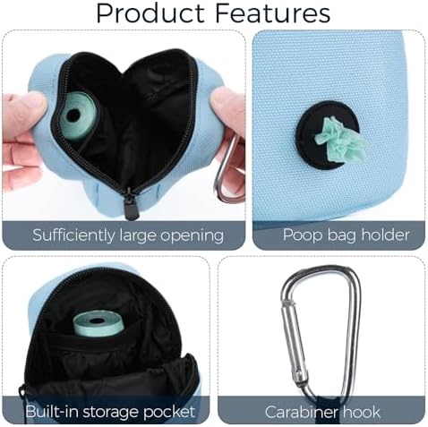 Dog Treat Pouch for Training, Portable Dog Walking Bag Built in Poop Dispenser, Pocket Sized Pet Pouches, Doggie Puppy Snack Rewards Bag, Treat Carrier Holder with Clip (Blue)