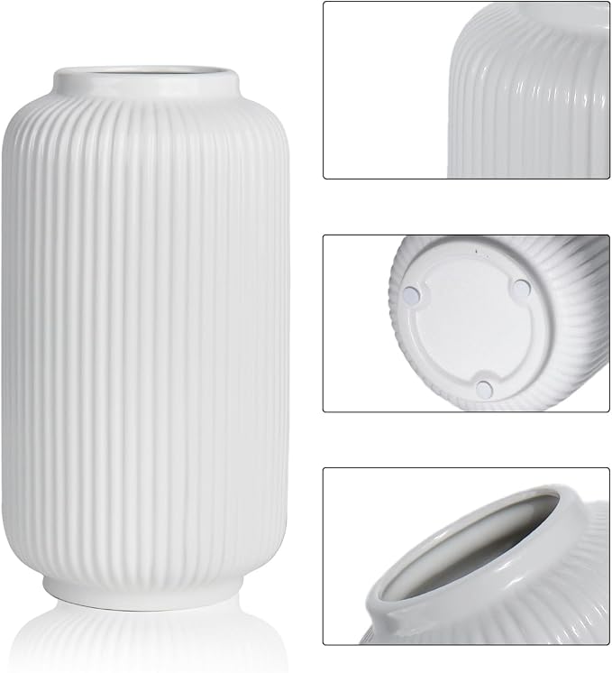 White Ceramic Vase, 8 Inch Ribbed Flower Vase for Bouquet and Pampas Grass, Modern Wide Mouth Decorative Vase for Dining Table, Kitchen Shelf, Wedding Centerpiece