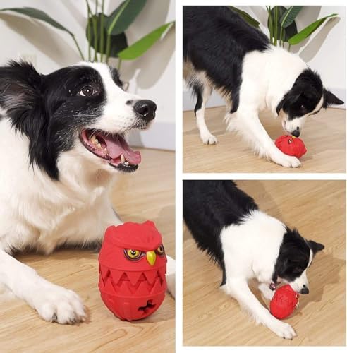Interactive Dog Toy, Owl-Shaped Treat Dispenser, Squeaky Durable Natural Rubber Chew Ball,Red