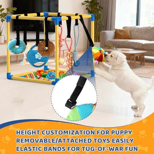 Puppy Play Gym with Snuffle Mat & 8 Toys (Yellow,19.6″ x 19.6″ x 19.6″‌)