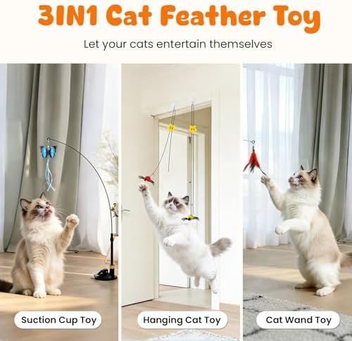 3-in-1 Cat Wand Toys,12Pcs Interactive Cat Feather Toys for Indoor Self Play & Exercise,2 Reusable Strong Suction Cups,2 Hanging Spider Toys for Kitten