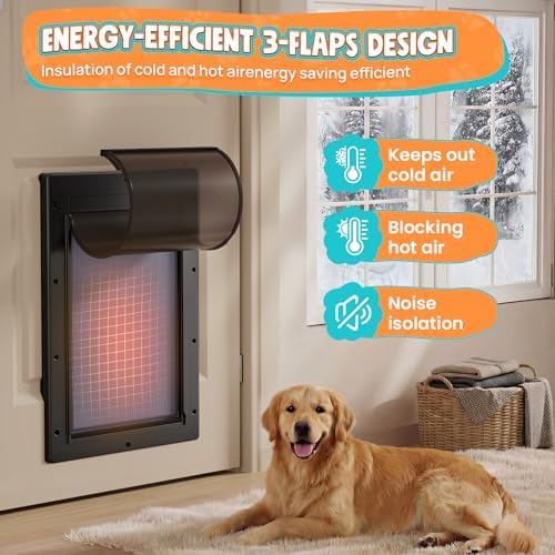 3-Flaps Large Dog Door for Door, Pets Up to 100lb | Durable Plastic Frame, Insulated Flap, Closing Panel, Block Wind & Snow, Easy Install for Interior & Exterior Doors