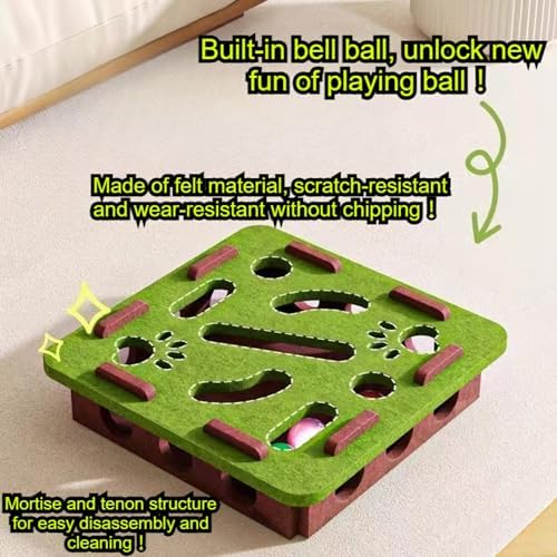 Interactive Cat Puzzle Feeder Toy – Felt Maze Box with 3 Jingle Balls – Mental Stimulation, Slow Feeding & Fun Exercise for Indoor Cats & Kittens (1,Square-Beige)