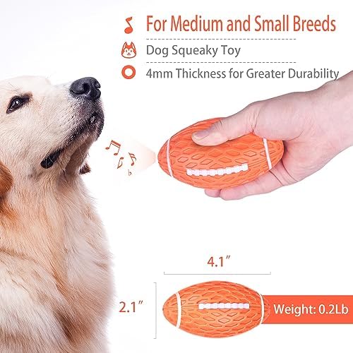 AUSCAT 2PCS Squeaky Dog Football Toy, Dog Chew Toy, Tough Rubber Dog Ball for Small Medium Dogs, Green and Orange, Small Size, 4.1''