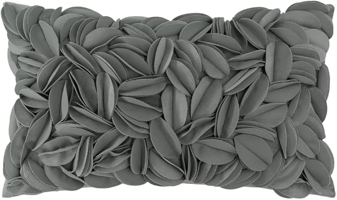 KINGROSE Handmade 3D Flower Pillow Cover, Velvet, 12 x 20 Inches, Grey | Decorative Throw Pillow Case, Solid Soft Cushion Cover, Sofa, Bed, Living Room, Couch