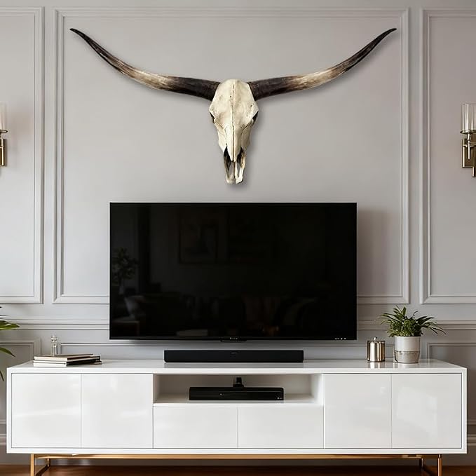 JUNTHORB 70in Longhorn Wall Decor, Extra Large Authentic Croissant，Cow Skull Wall Decor，cow horns, cow horn wall decoration, long horn skull，Handmade Farmhouse Decor