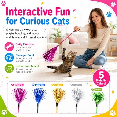 ADUCK Tinsel Cat Wand Toys for Indoor Cats, Interactive Kitten Toys, 5 Pack