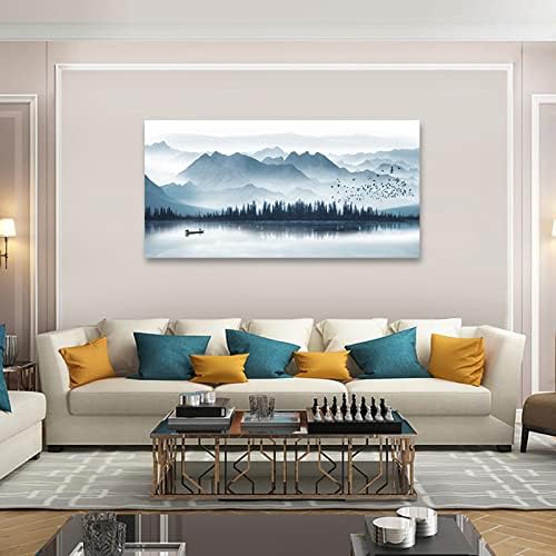 arteWOODS Indigo Canvas Wall Art Misty Mountain Wall Pictures Foggy Lake Boat Painting Prints Forest Birds Artwork Wall Decor for Living Room Wall Decorations Framed Ready to Hang 24" x 48"