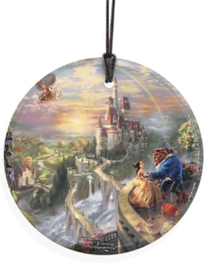 Disney - Beauty and The Beast - Falling in Love by Thomas Kinkade - 3.5” Starfire Prints Hanging Glass Print Accessory | Arrives in a Velveteen Gift Bag SPCIR376