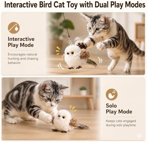 Flapping Bird Cat Toy, White Sparrow Plush Touch Activated Bird Chirp Cat Toy with Refillable Catnip, USB Rechargeable Interactive Kitten Exercise Toy,4.92"(No Flying)