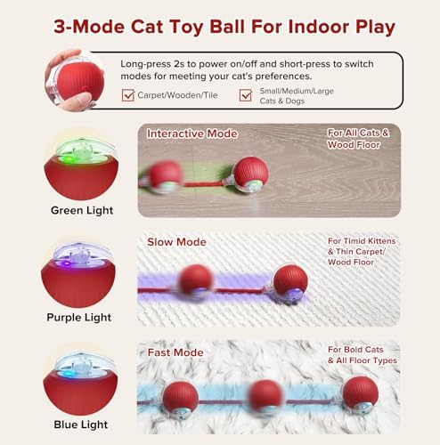 Interactive Cat Toy Ball for Indoor Cats, Motion Activated Cat Ball with 3 Speeds, 2 Replaceable Tails, Safe Material Kitten Toys, USB Charging, 360° Smart Rolling Ball for Bored Adult Cats and Dogs