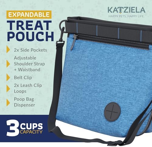 Katziela Expandable Pet Treat Pouch - Hands Free Dog Treat Pouch, Quick Access Magnet Closure - Anti Spill Dog Treat Bag - Treat Pouches for Pet Training, Adjustable Shoulder Strap & Belt Clip (Blue)