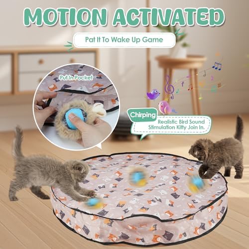 Cat Mat Hide and Seek Toy, Interactive Cat Toy Ball with Bird Chirp Sound, Smart Induction Oxford Cloth Hunting Cover, USB Rechargeable Indoor Play Toy for Cats