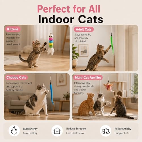 Interactive Cat Toys for Indoor Cats,Automatic Hanging Door Cat Teaser Feather Toy with 6 Accessories,2 Modes,Auto Pause & USB Rechargeable Electric Cat Chase Toy,Safe for Bored Adult Kitten-Pink2