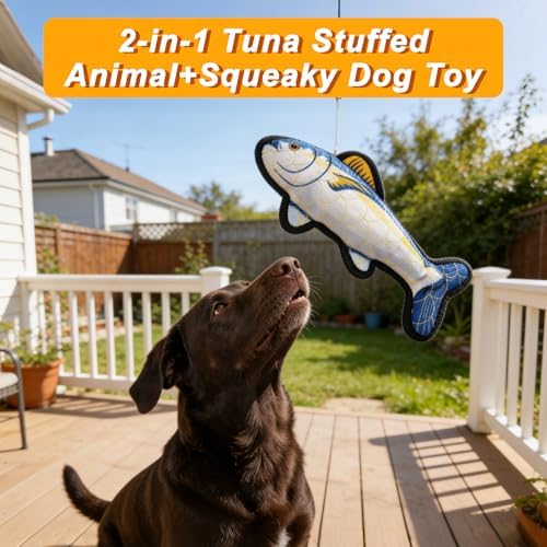 12.8" Recycled Canvas Tuna Squeaky Dog Toy, Durable Stuffed Fish Chew Toy for Puppy Teething, Interactive Play for Small Medium Large Dogs, Blue