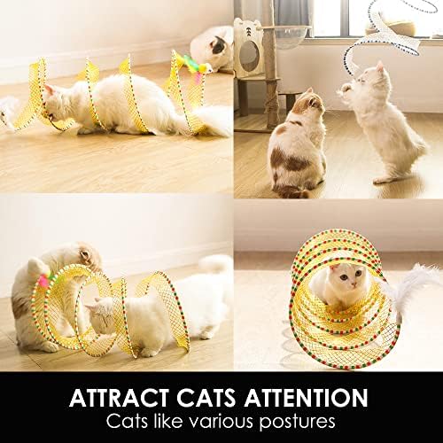 Spiral Tunnel Cat Toy 2 Pcs, 25.59 Inches Unfolded with Cat Wand Self Play Collapsible, Hunting Spiral Tunnel with Feather Mouse Toys and Bell for Indoor Kitten Play Chase Exercise