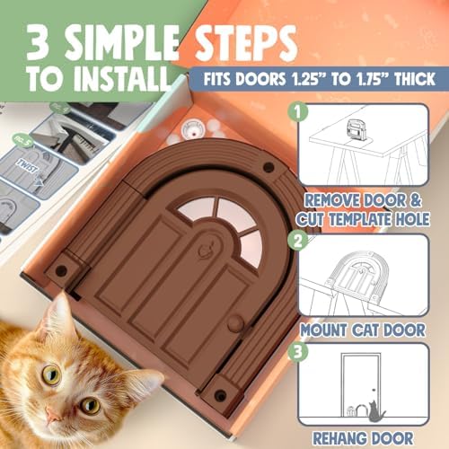 Purrfect Portal Meow Manor® Cat Door Interior Door - No-Flap, Fits Cats Up to 20 lbs, Easy DIY Setup, No Training Needed, Brown