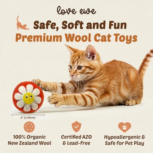 Love Ewe Wool Cat Toys Ball 3 Pack, 2-inch Flower and Bee