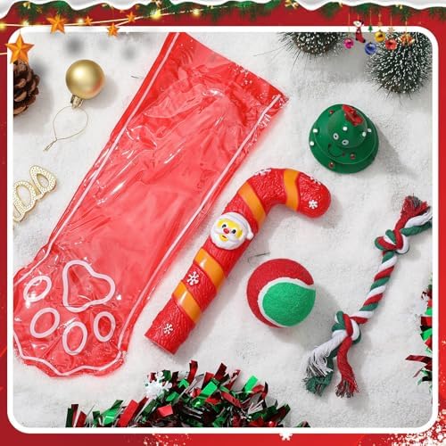 Shappy 1 Set 4 Pcs Christmas Dog Stocking Toys with Squeaky Dog Toys, Santa Cane, Tennis Ball, Xmas Tree, Rope, Bone, Paw Shape Xmas Stocking Pet Set, Interactive Pet Gifts