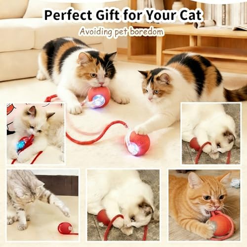 Interactive Cat Toys Ball，Automatic Interactive Cat Toy with 3 Modes, LED Light & 3 Replaceable Accessories, Indoor Cat Exercise Toy for Kittens & Adult Cats, Relieves Boredom Golden Yellow