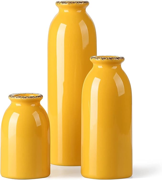 3Pcs Yellow Ceramic Vases, Decorative Vases for Modern Farmhouse | Neutral Pottery Decor for Table Mantel Entryway Bookshelf Living Room
