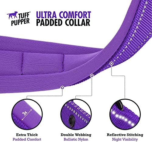 Tuff Pupper Ultra Comfort Padded Dog Collar | Thick Neoprene Padding | Ballistic Nylon Strap Dog Collar with Reflective Stitching | Durable Metal Buckle & Integrated ID Tag Holder | Waterproof Collars