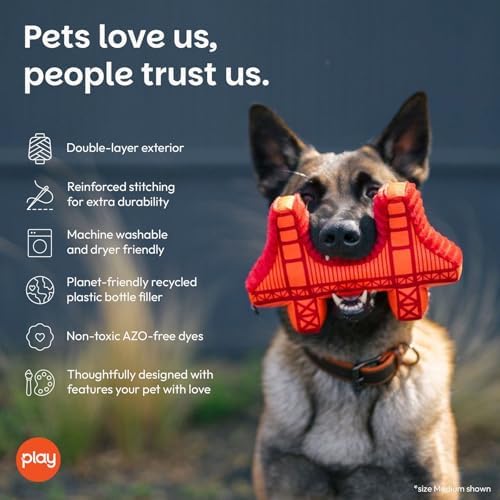 P.L.A.Y. Cute Plush Dog Toys - Totally Touristy Landmark Themed Durable Squeaker Toy, Great for Puppies & Small, Medium, Large Dogs - Machine Washable, Recycled Materials (Golden Gate Bridge, X-Small)