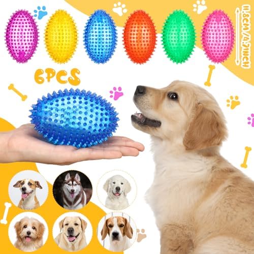 Gemscream 6 Pcs 4.7'' Spiky Squeaker Football Dog Toy Balls for Teething