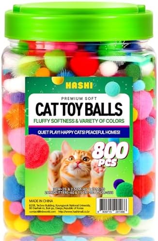 HA SHI [800pcs in Sturdy Jar] Interactive Cat Toy Pom Poms - Small Soft Plush Balls (0.39in-1.2in) for Indoor Kittens, Quiet Night Play, Snuffle & Fetch Toys