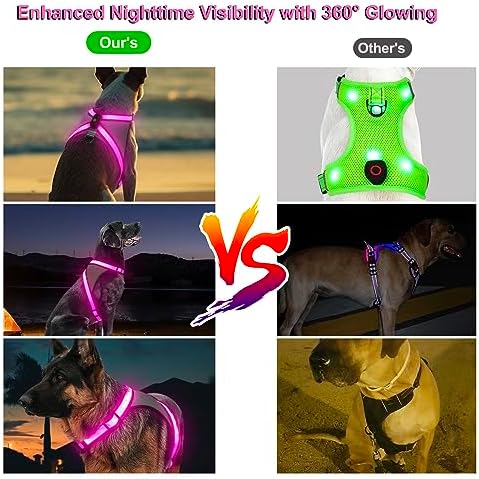 Visinite LED Dog Harness, USB Rechargeable Light Up Dog Vest, 2 Illuminate Modes Glow in The Dark Dog Harness, Adjustable Lighted Pet Harness Light for Night Walking Safety (Pink, L)