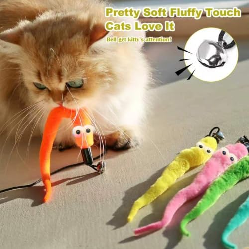 Cat Wand Toy with Fuzzy Worm Lure, Bell, and Flexible Wire
