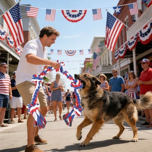 SZEE July 4th Dog Rope Toy for Large Dogs, 37 Inch 5 Knots, Tug of War Rope for Large Breeds, for Energy Release & Boredom Relief, Patriot Pet Toy (Red & Pink)