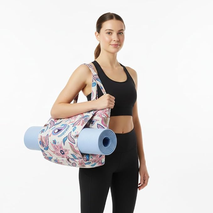 Floral Paisley Pattern Yoga Bag, Canvas Tote with Blue and Pink Design, Spacious Carrier for Yoga Mat and Accessories