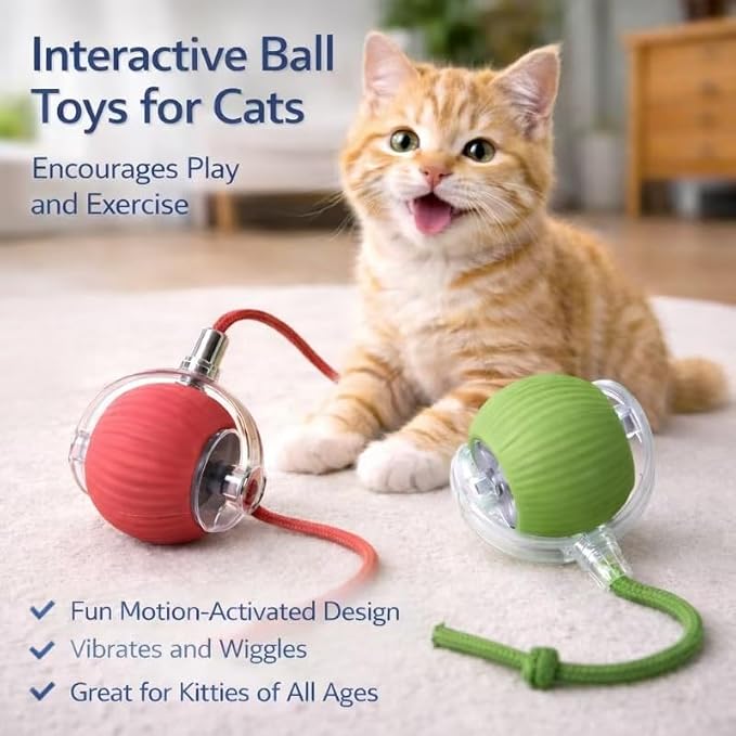 Interactive Rolling Cat Ball Toy with String, Motion Activated Automatic Cat Toy, USB Type C Rechargeable LED Light Pet Toy for Indoor Cats (Red)