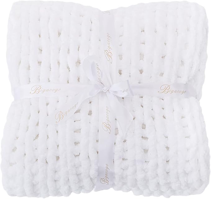 Bigacogo Chunky Knit Throw Blanket for Couch, 51x63 inches, Pure White | Hand Knit with Jumbo Chenille, Soft Breathable Cable Knit for Sofa Bed Living Room, Machine Washable, Gift for Mom Friend