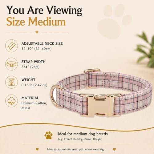 Soft Cotton Dog Collar Classic Plaid Pet Collars with Metal Clasp for Medium Dogs with Sensitive Skin, Blush Pastel Tartan