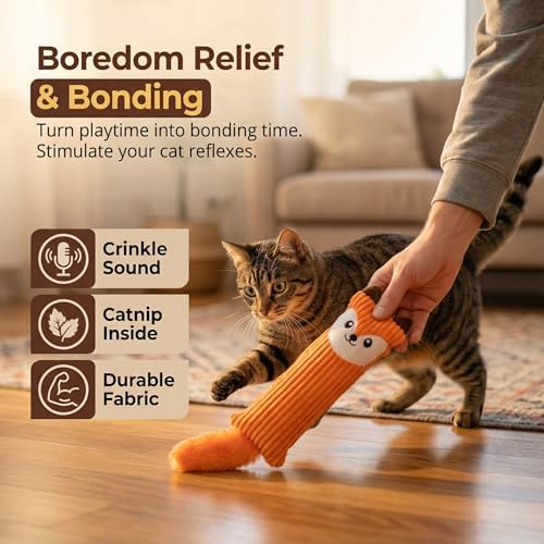 Fashion's Talk Catnip Toys for Indoor Cats, 2-Pack Large Plush Fox & Owl Kicker Toys, Cat Chew Toys with Crinkle Sound Organic Catnip – Hunting Instincts Exercise (2)