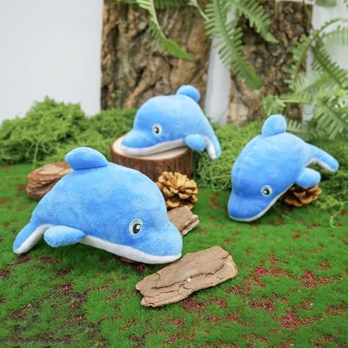 Dog Hide and Seek Toys Puppy Chew Squeaky Toys Plush Mushroom&Bamboo&Shell Hideout Stuffing with Squeakers Animals (3Pcs Squeaky Dolphin Blue)