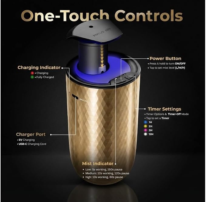 Waterless Essential Oil Diffuser - Cordless Rechargeable Aromatherapy Scent Machine for Home Bedroom Car Office Travel - 3 Mist Levels, 4 Timer Modes, 24-Hour Battery