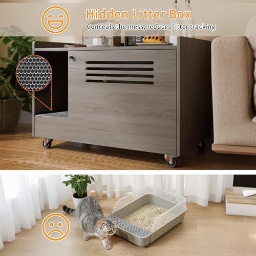 Montary Multi-Use Cat Litter Box Enclosure with Storage, Hidden Litter Box Furniture & Cat Washroom Cabinet,Wooden Pet House Side Table with Wheels, Gray
