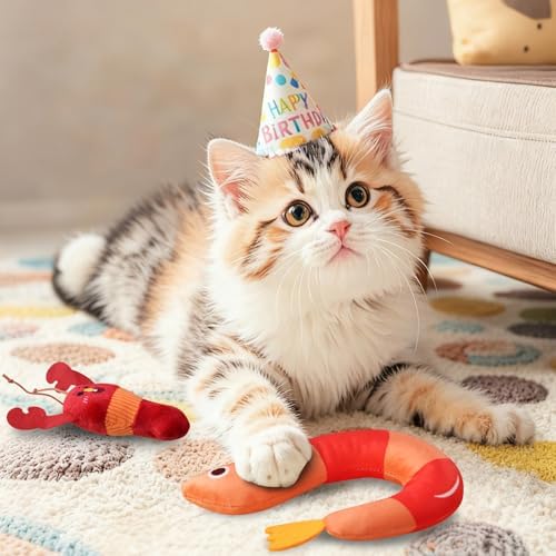 Andiker 2 Pcs Catnip Toys for Cats, Cute Shrimp and Lobster Shape Plush Toy with Catnip PP Cotton Built-in Bells Funny Interactive Cat Toys for Indoor Cats Bite Chew Hunting